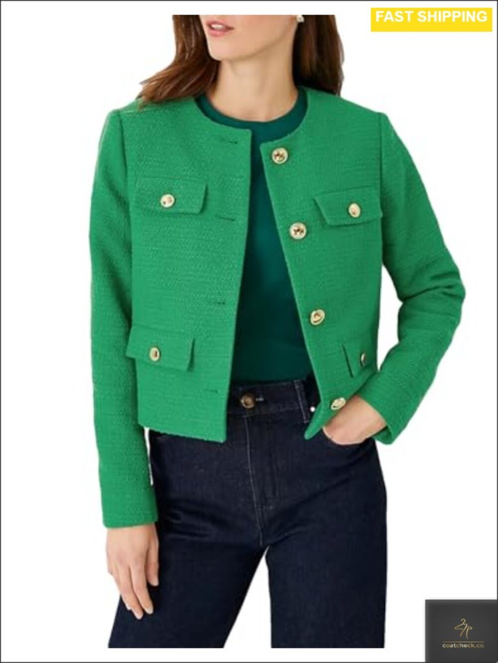 Cropped Tweed Blazer Jacket Collarless Button Down Business Casual Women